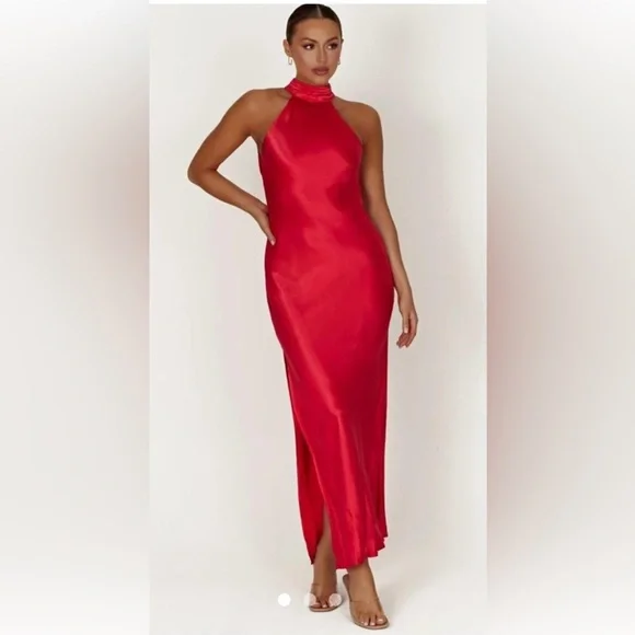 Meshki | Dresses | Meshki Claire Satin Drape Back Maxi Dress With Split Red  S | Poshmark